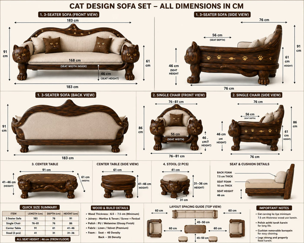 Luxury Cat-Inspired Handcrafted Wooden Sofa Set (5-Seater with Table & Stools)