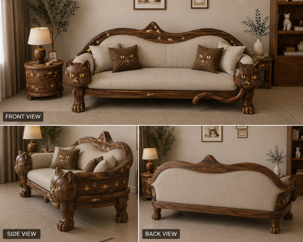 Luxury Cat-Inspired Handcrafted Wooden Sofa Set (5-Seater with Table & Stools)