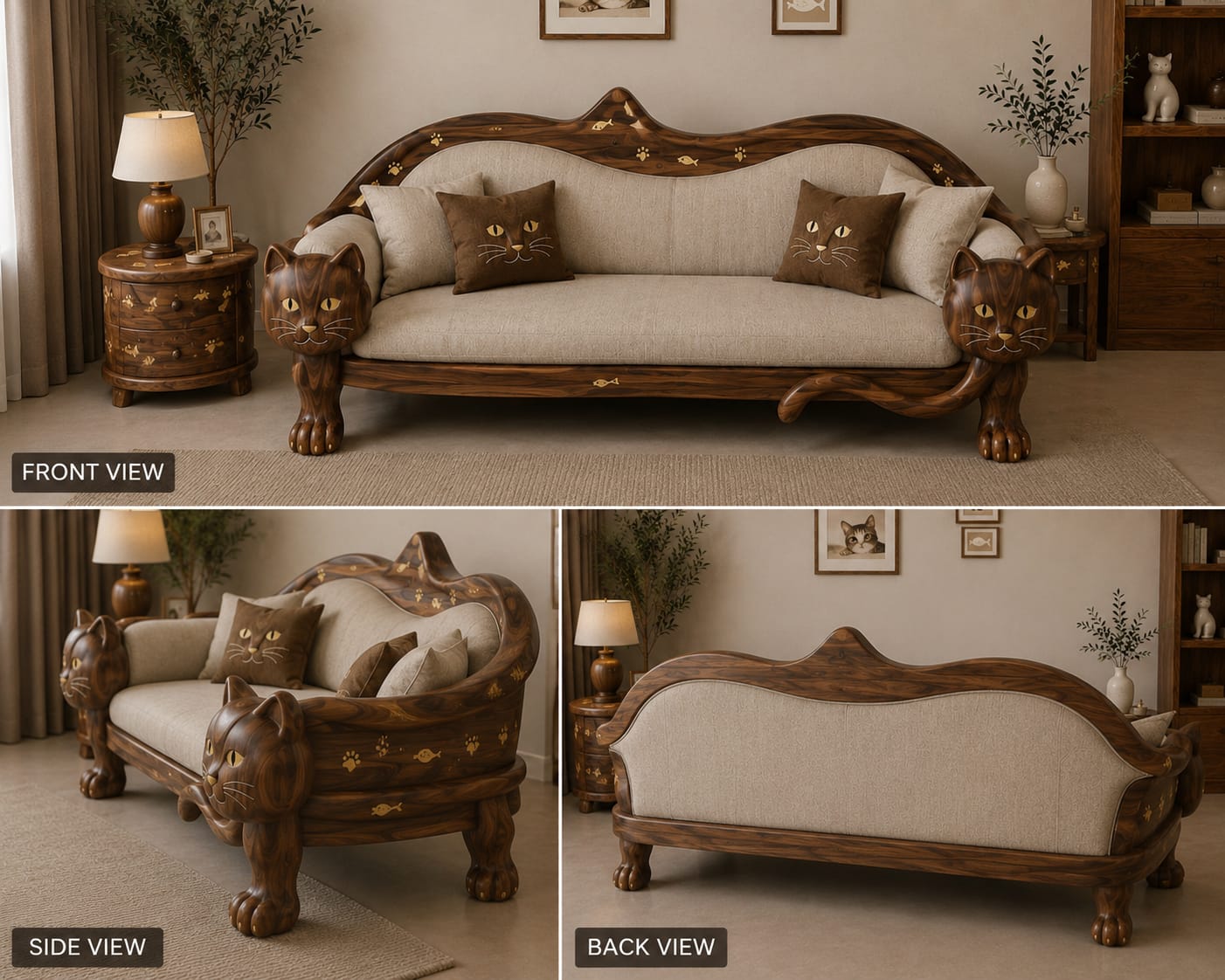 Luxury Cat-Inspired Handcrafted Wooden Sofa Set (5-Seater with Table & Stools)
