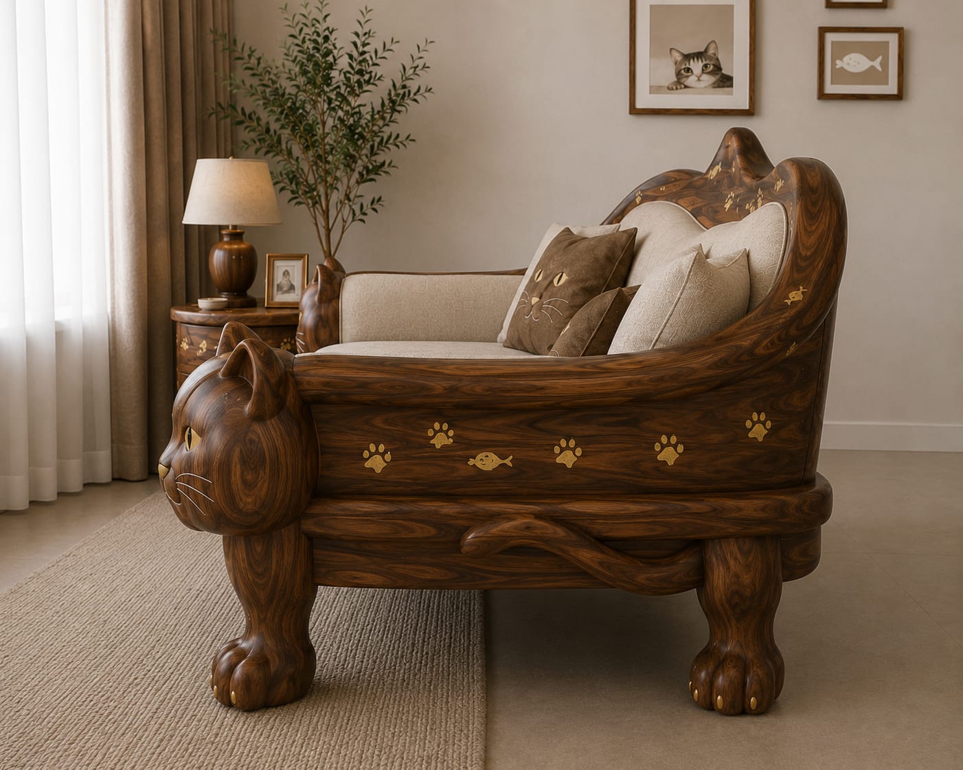 Luxury Cat-Inspired Handcrafted Wooden Sofa Set (5-Seater with Table & Stools)
