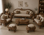 Luxury Cat-Inspired Handcrafted Wooden Sofa Set (5-Seater with Table & Stools)