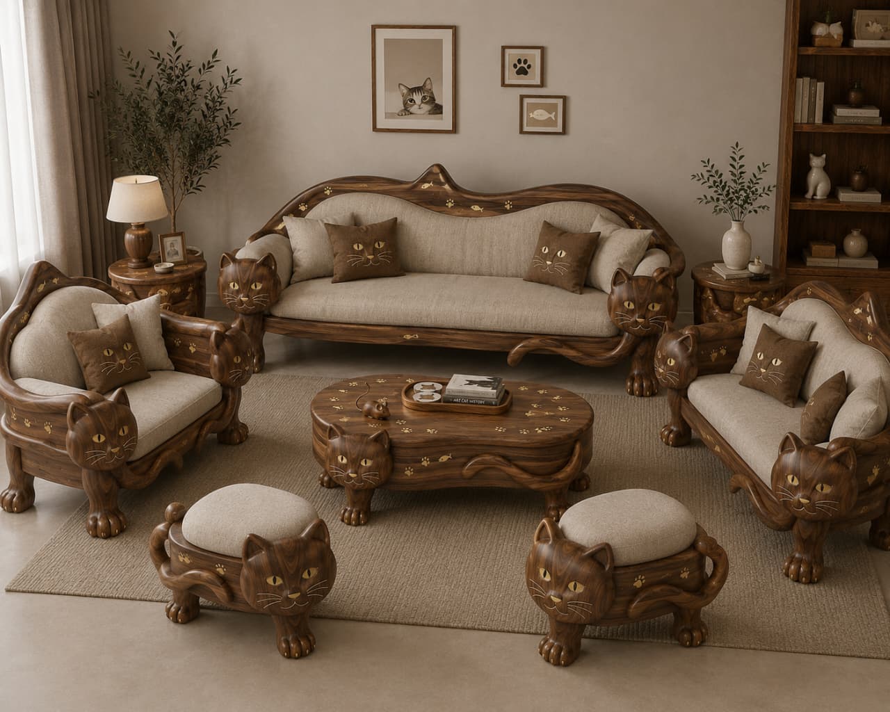 Luxury Cat-Inspired Handcrafted Wooden Sofa Set (5-Seater with Table & Stools)